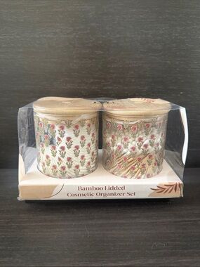 Bamboo Lidded Cosmetic Organizer Set - Floral Cream & Pink